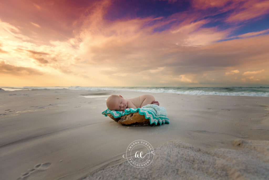 Sleeping baby Nolan tucked onto a piece of weathered driftwood on the Destin sand.