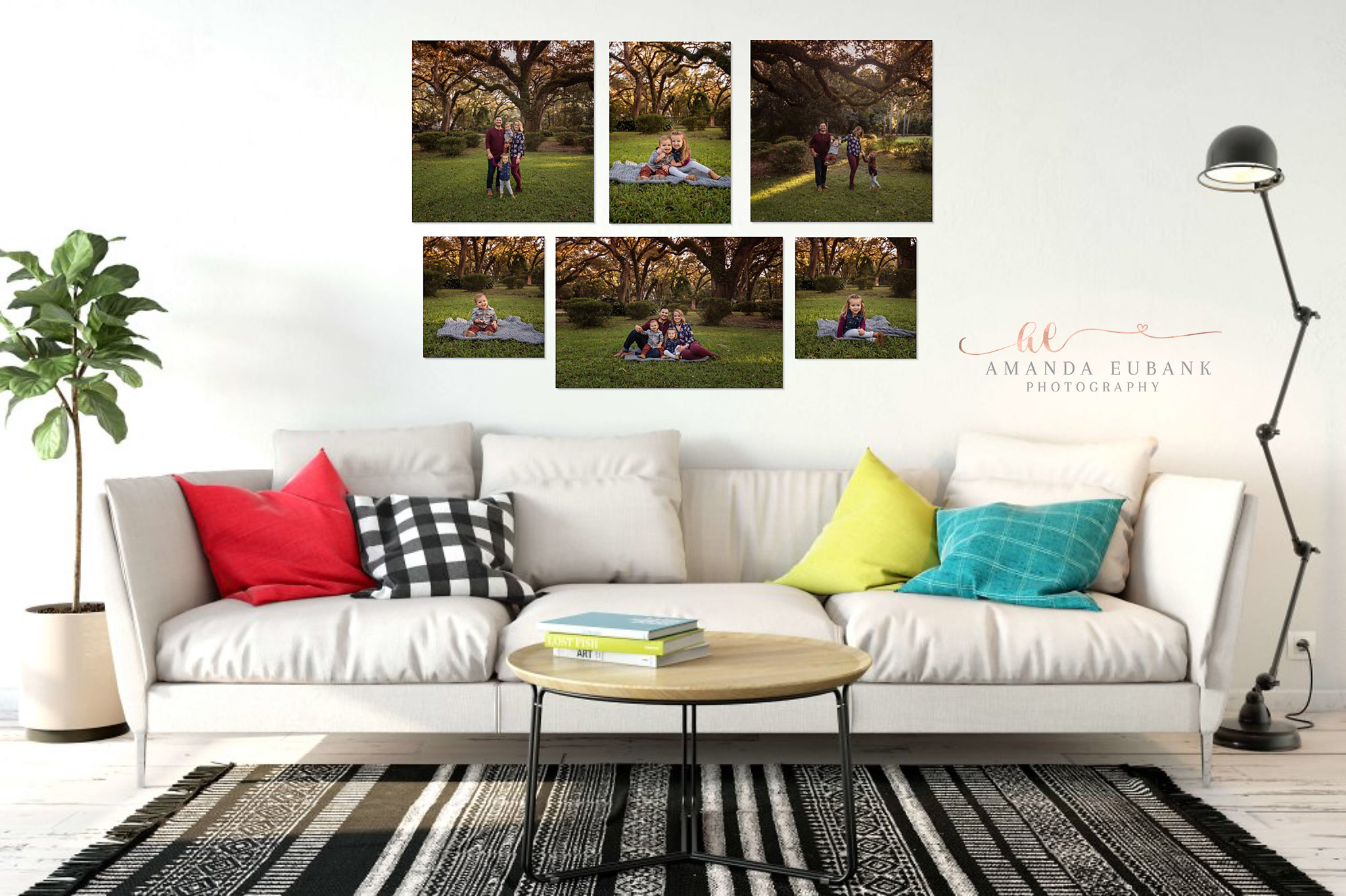 30A Florida Photographers Portraits | Local Gallery Wall Design 30A Florida Photographers Portraits gallery wall display above colorful eclectic living room couch