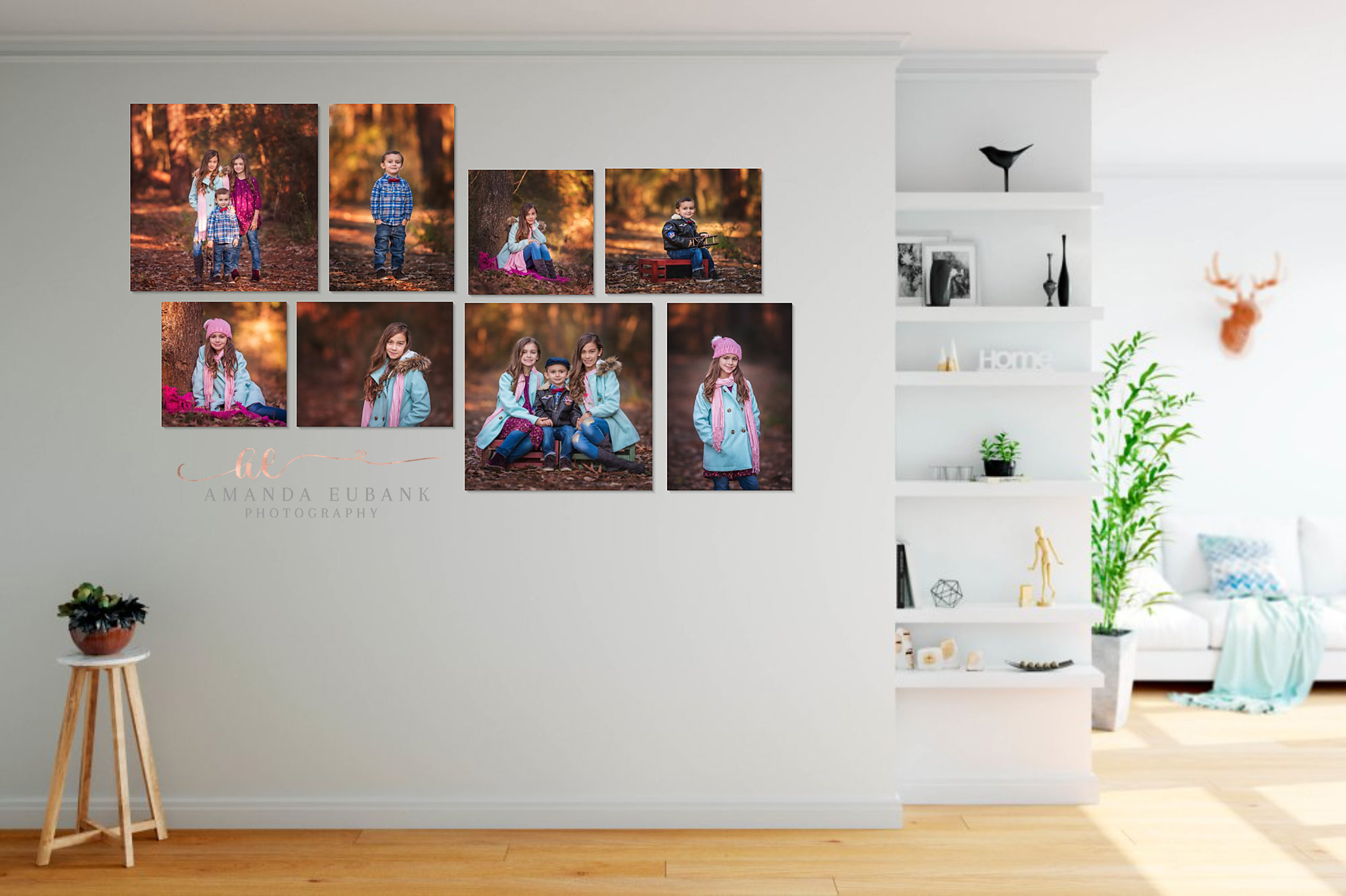 Alys Beach Florida Photographers 001 Alys Beach Florida Photographers gallery wall of fall family portraits beside built-in shelves