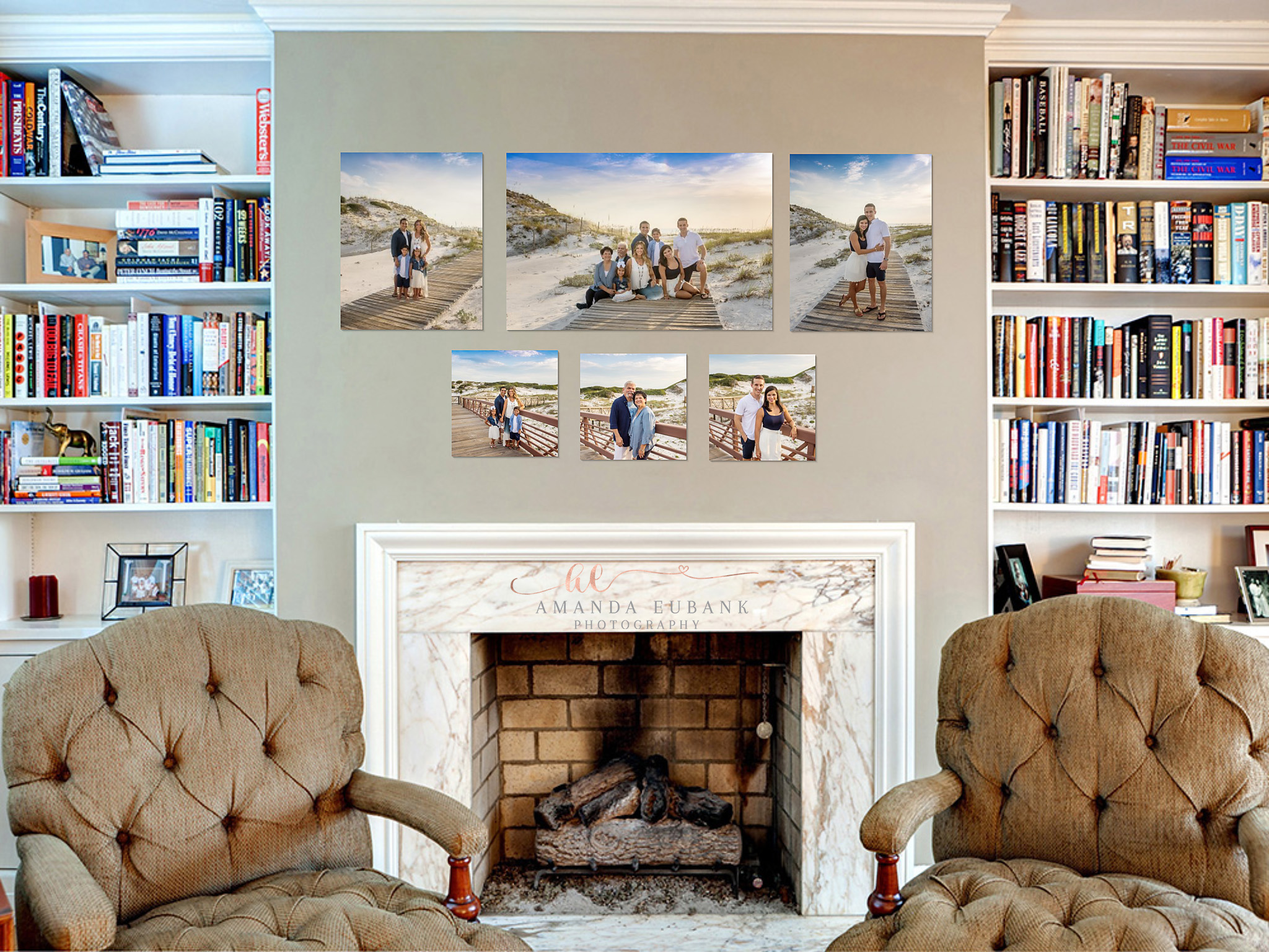 Dune Allen Beach Florida Photographers 001 Dune Allen Beach Florida Photographers family gallery wall above fireplace mantle between bookshelves