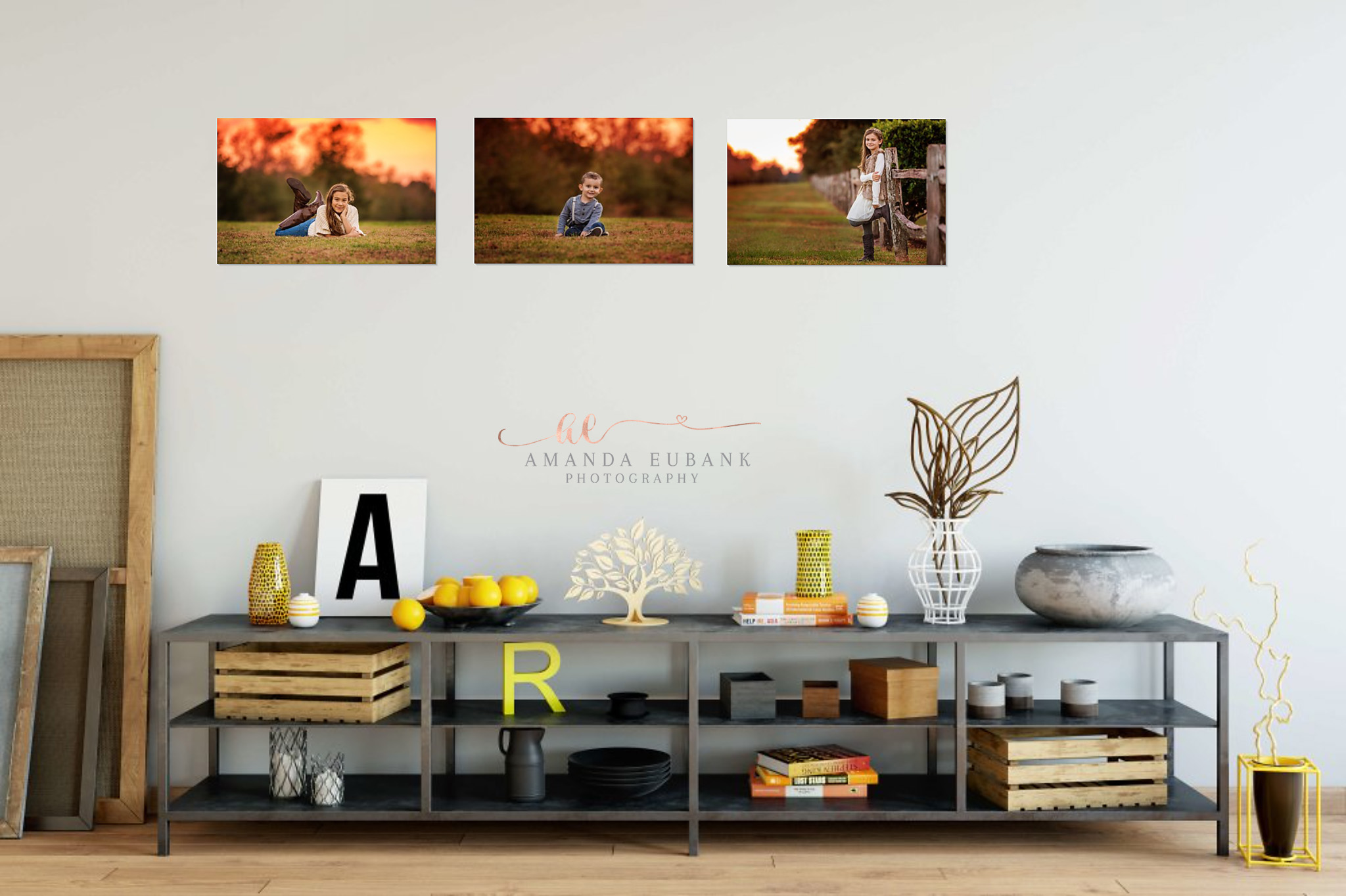 Grayton Beach Florida Photographers 001 Grayton Beach Florida Photographers triptych of children portraits at sunset displayed above vintage console