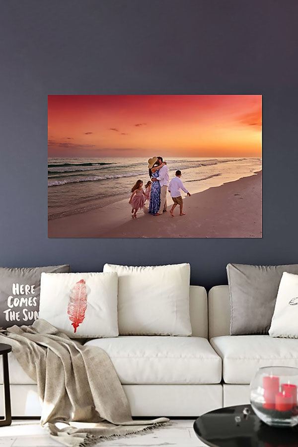 Sandestin Florida Family Photography Portfolio Featured Image Sandestin Florida Family Photographer wall art display of beach sunset family portrait above coastal couch