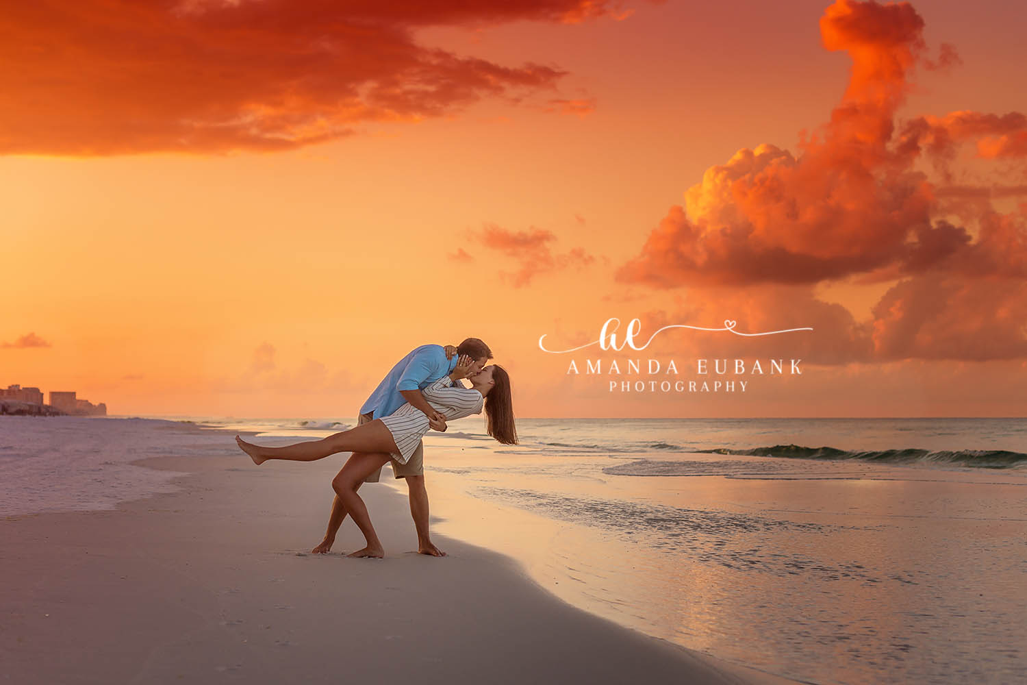 blue mountain beach florida engagement photographer Blue Mountain Beach Florida engagement photographer captures couple in dip kiss on beach at vivid orange sunset