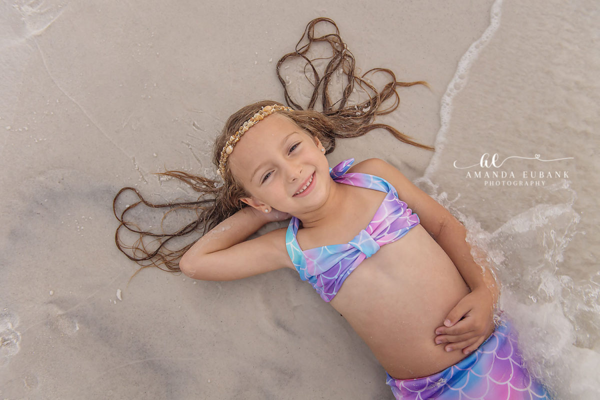 Santa Rosa Beach Mermaid Themed Kids Session Editorial Final birthday portrait of Isa the mermaid along the Destin Gulf shoreline