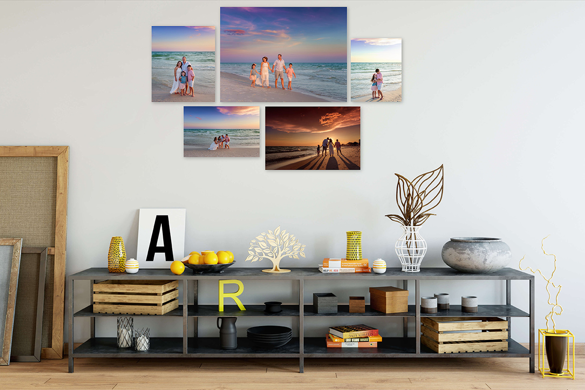 Santa Rosa Beach Family Gallery Wall Mockup — Console Styling Santa Rosa Beach family portrait gallery wall arrangement mockup above a styled console with letter art and greenery