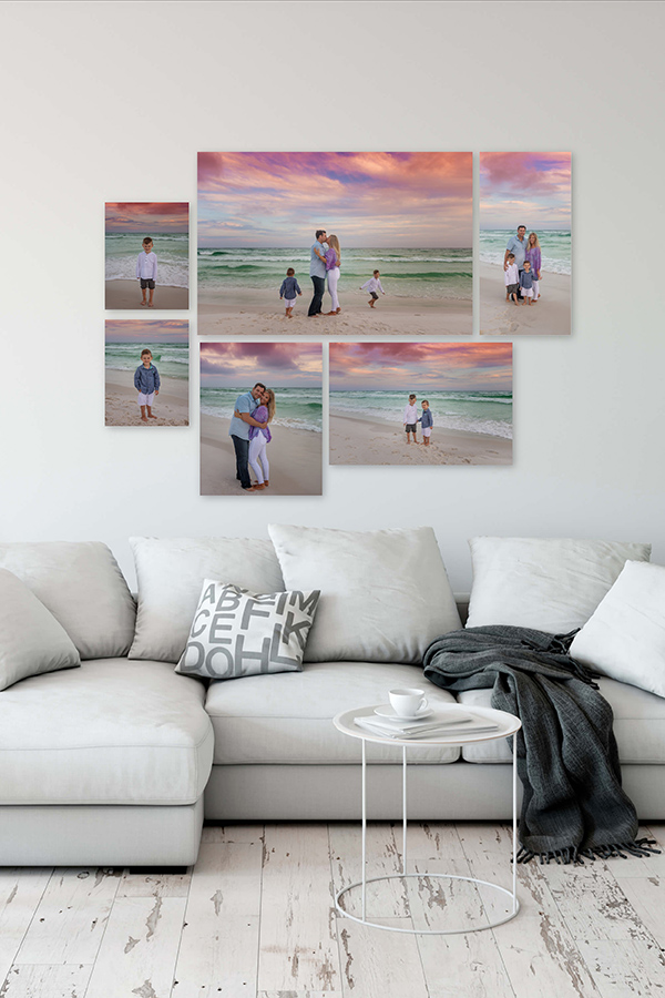 Santa Rosa Beach Family Wall Cluster Mockup — Living Room Santa Rosa Beach family portrait wall-art gallery cluster mockup above a soft white sectional with throw and accent pillows