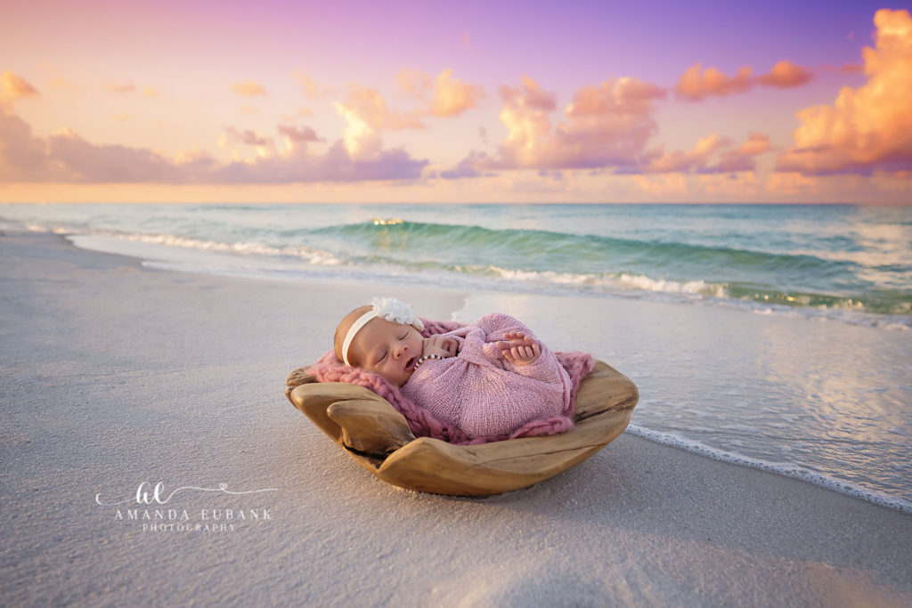 Baby M cover image — newborn session in Santa Rosa Beach with garden and Gulf shoreline portraits