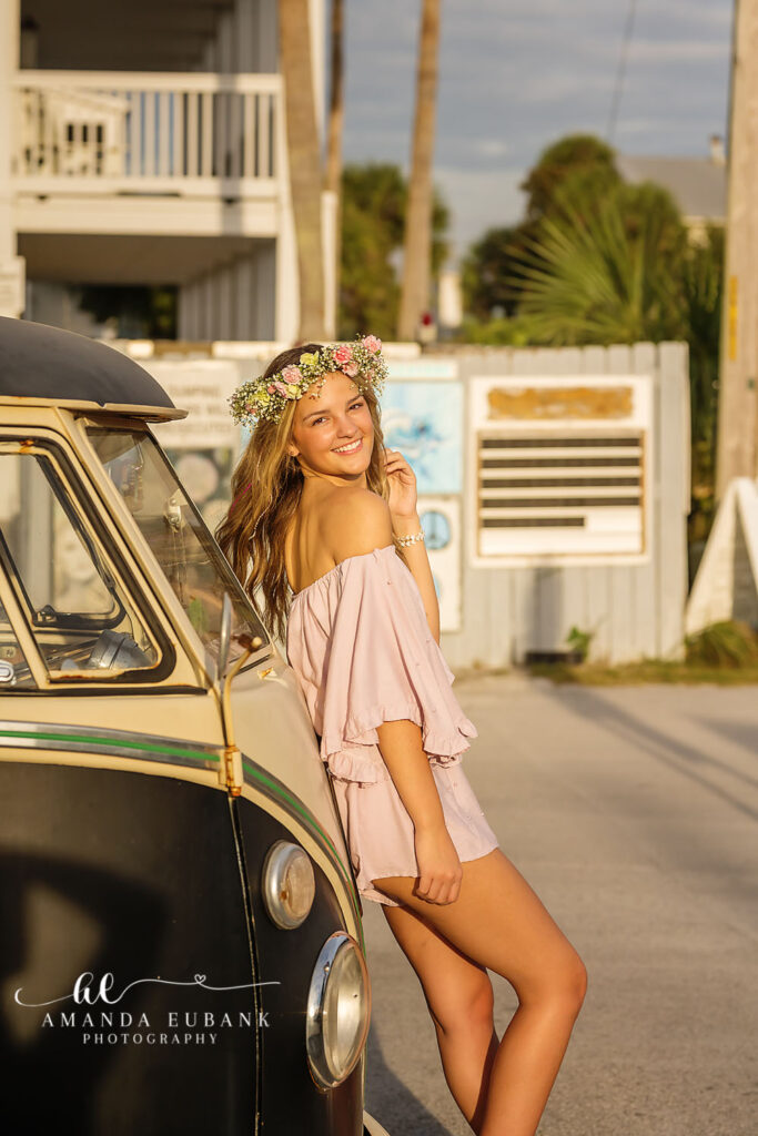 Evelyn leaning on the Grayton Beach VW van — a quirky 30A senior portrait favorite.