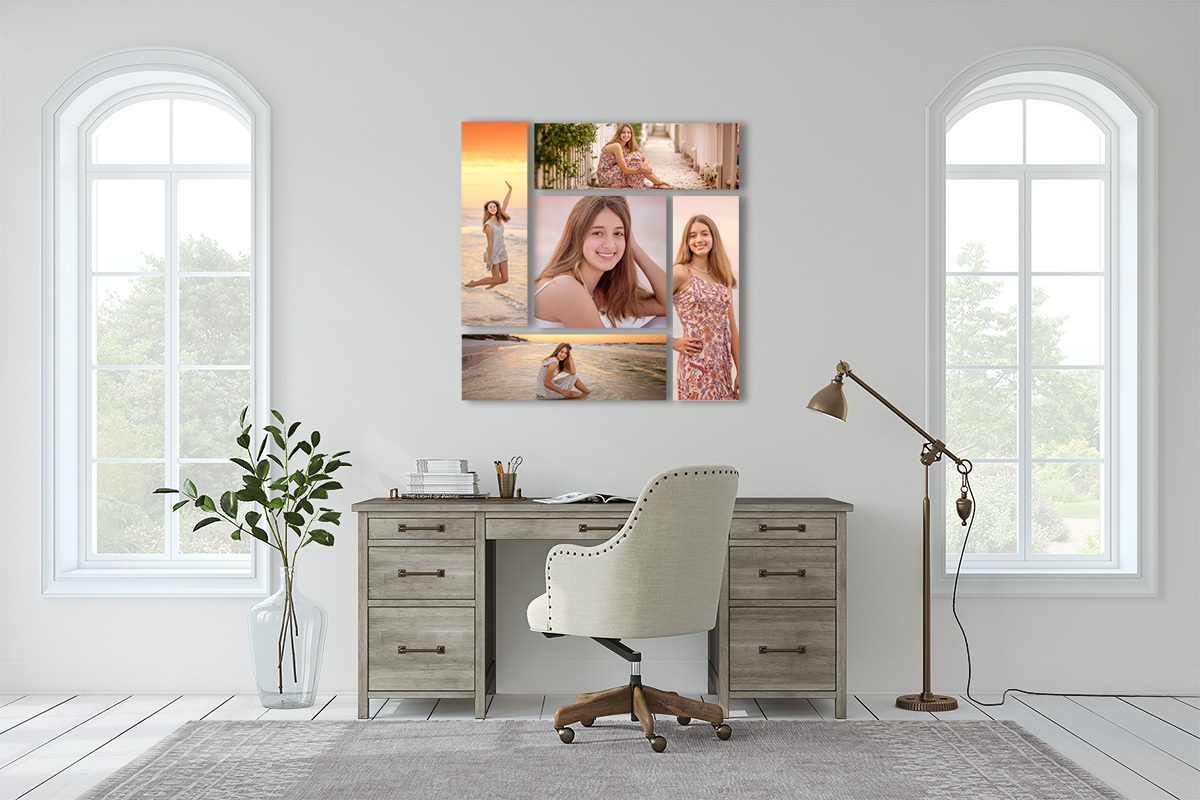 30A Senior Portrait Multi-Canvas Wall Cluster — Home Office A multi-panel senior portrait canvas cluster hung above a gray-wood desk in a bright white home office with arched windows.