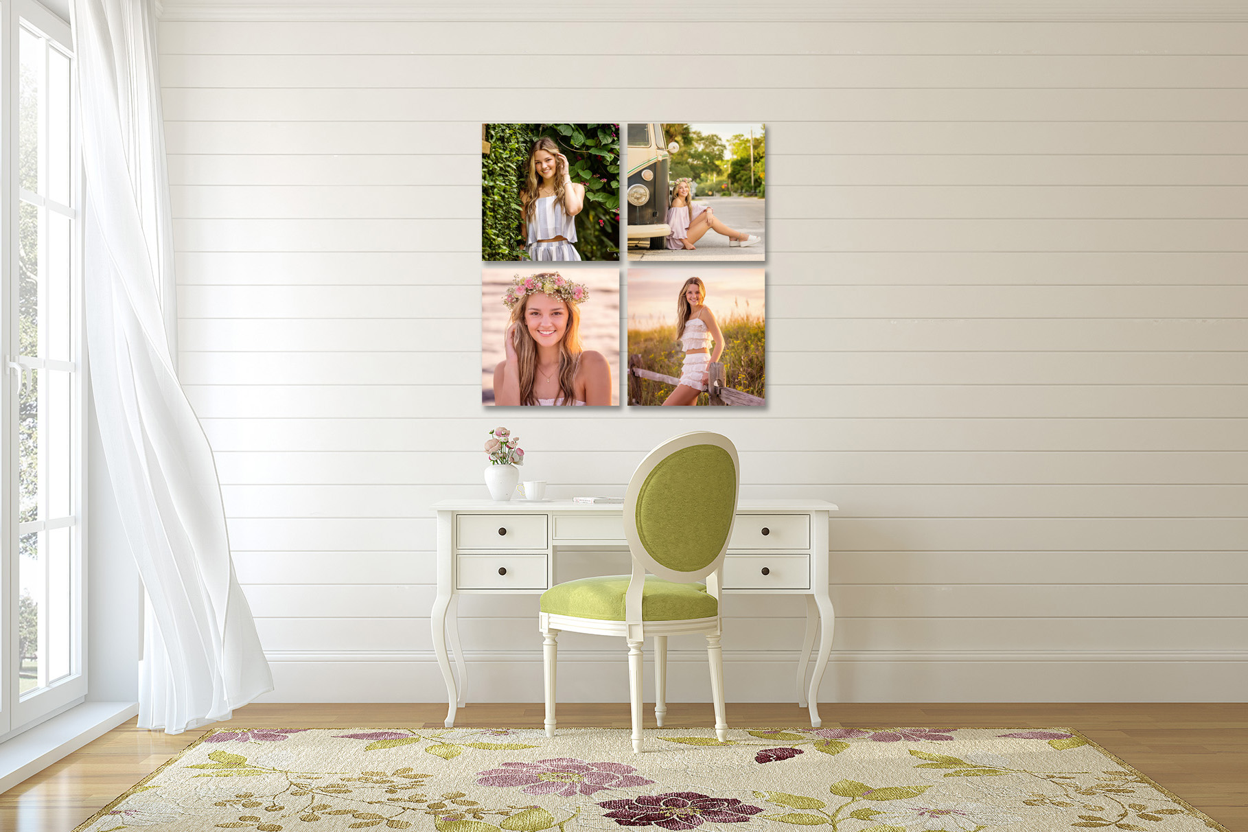 Four senior portraits of a young woman arranged above a white French vanity desk with a green velvet chair