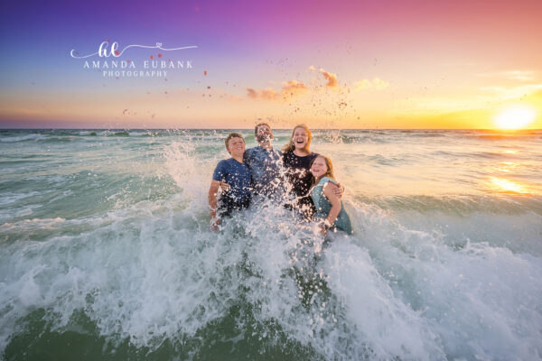 30A Florida Family Sunset Beach Portrait 023 30A family photographer captures the R family laughing in the Gulf waves at golden hour