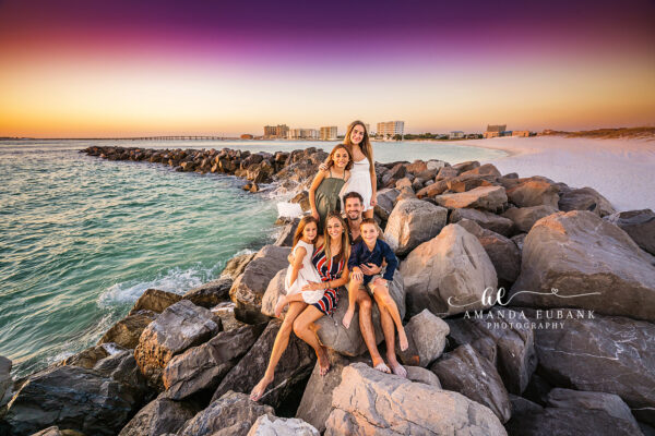 Destin Family Beach Portrait Session Extended family beach portrait at the Destin Jetties Beach Access at sunset