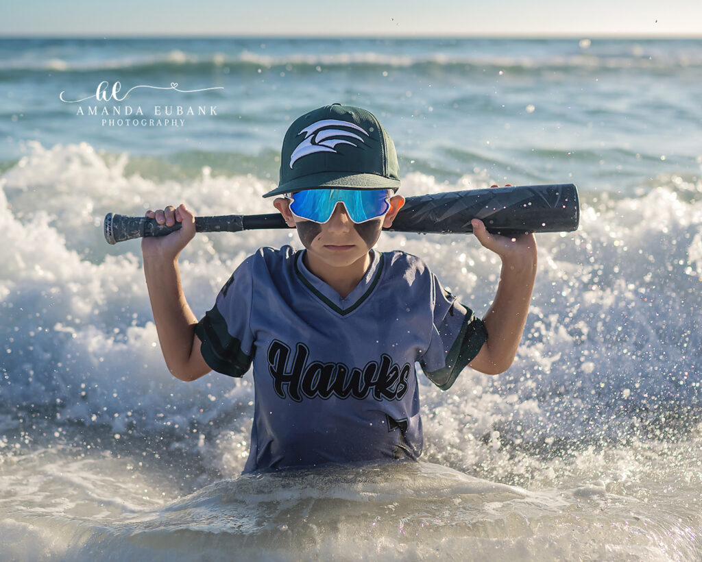 Hawks Baseball Beach Senior Portrait — quiet between sets in turquoise Gulf vol1