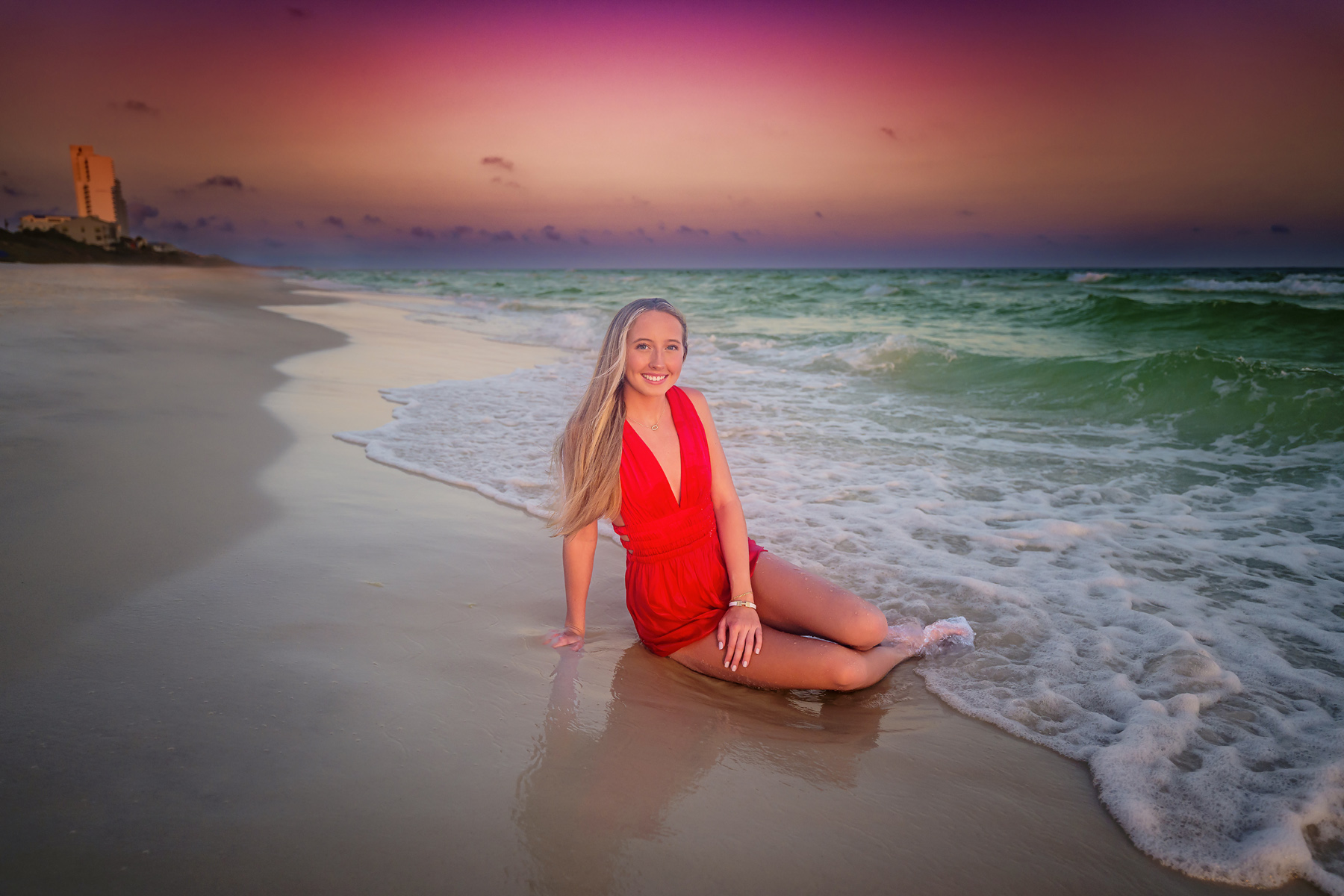 Senior Beach Portrait Pink Tulle Dress After Edit — wading in tide pools final edit vol1
