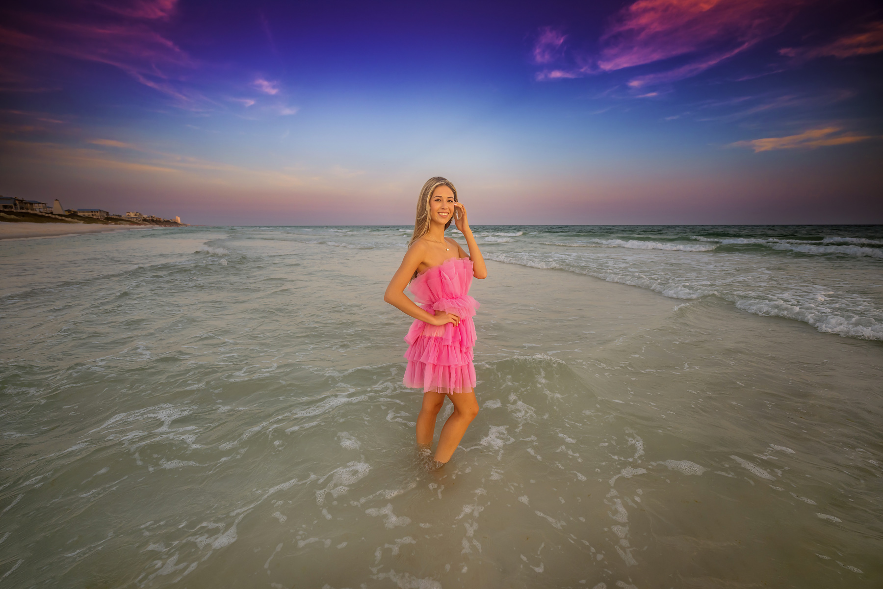 Senior Beach Portrait Pink Tulle Dress After Edit — barefoot at sunset final edit vol1