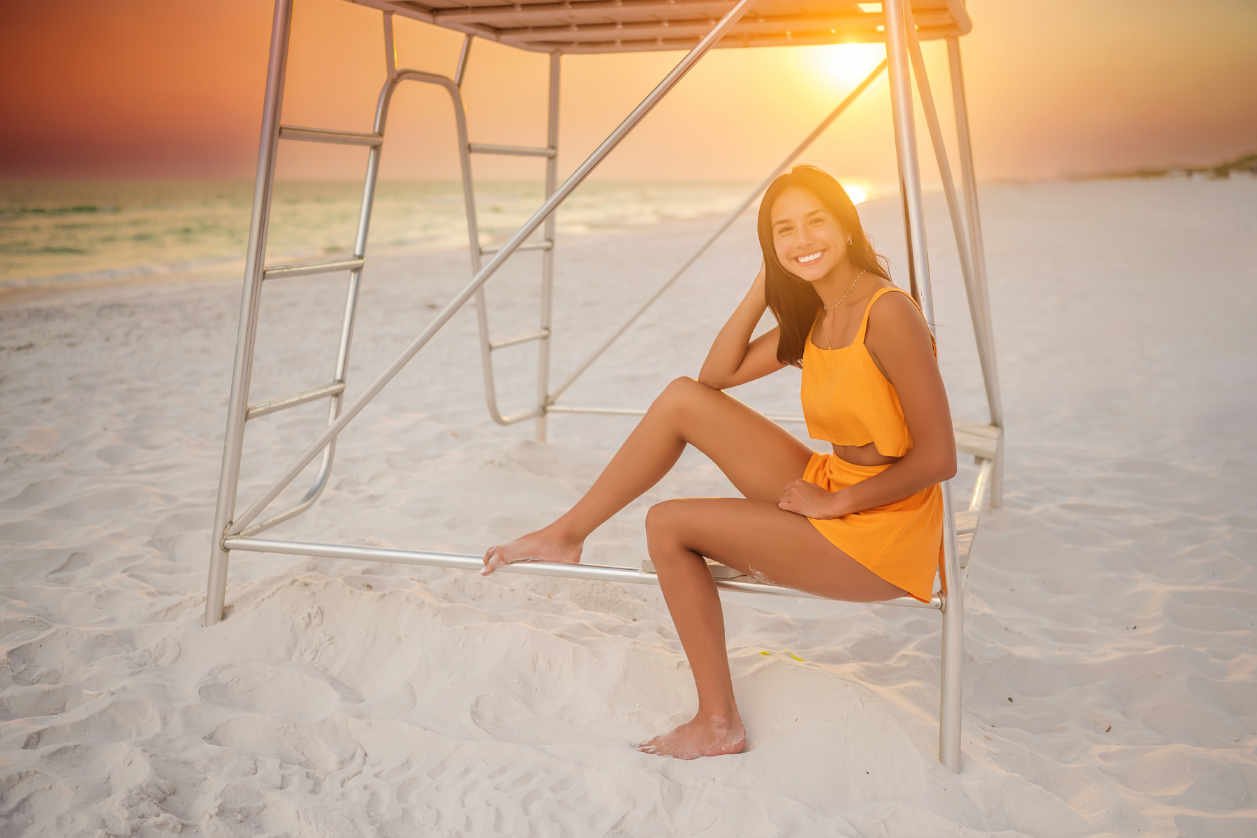 Senior Beach Portrait Pink Tulle Dress After Edit — pink layers against violet sky final edit vol1