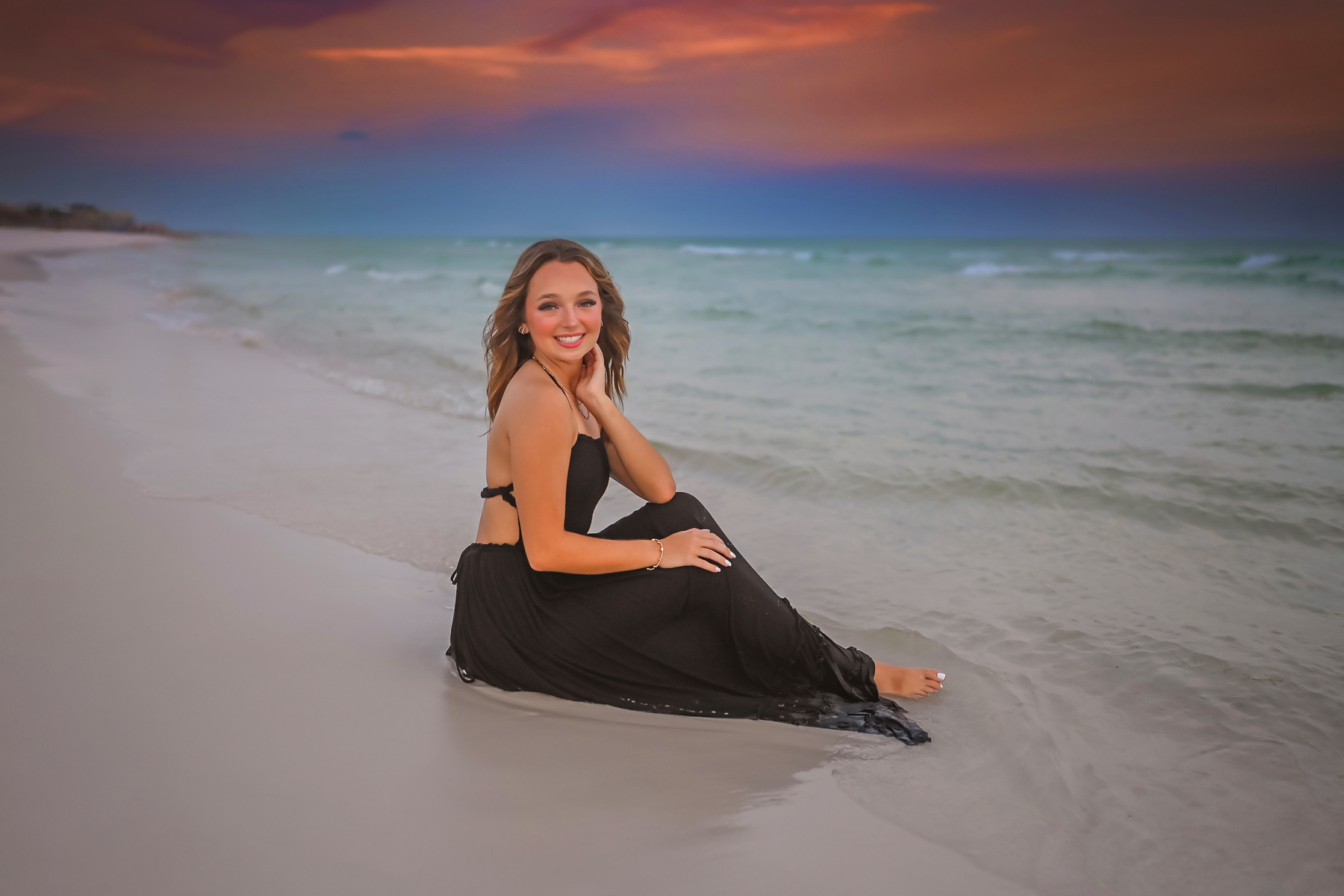 Senior Beach Portrait Pink Tulle Dress After Edit — hand on cheek smile final edit vol1