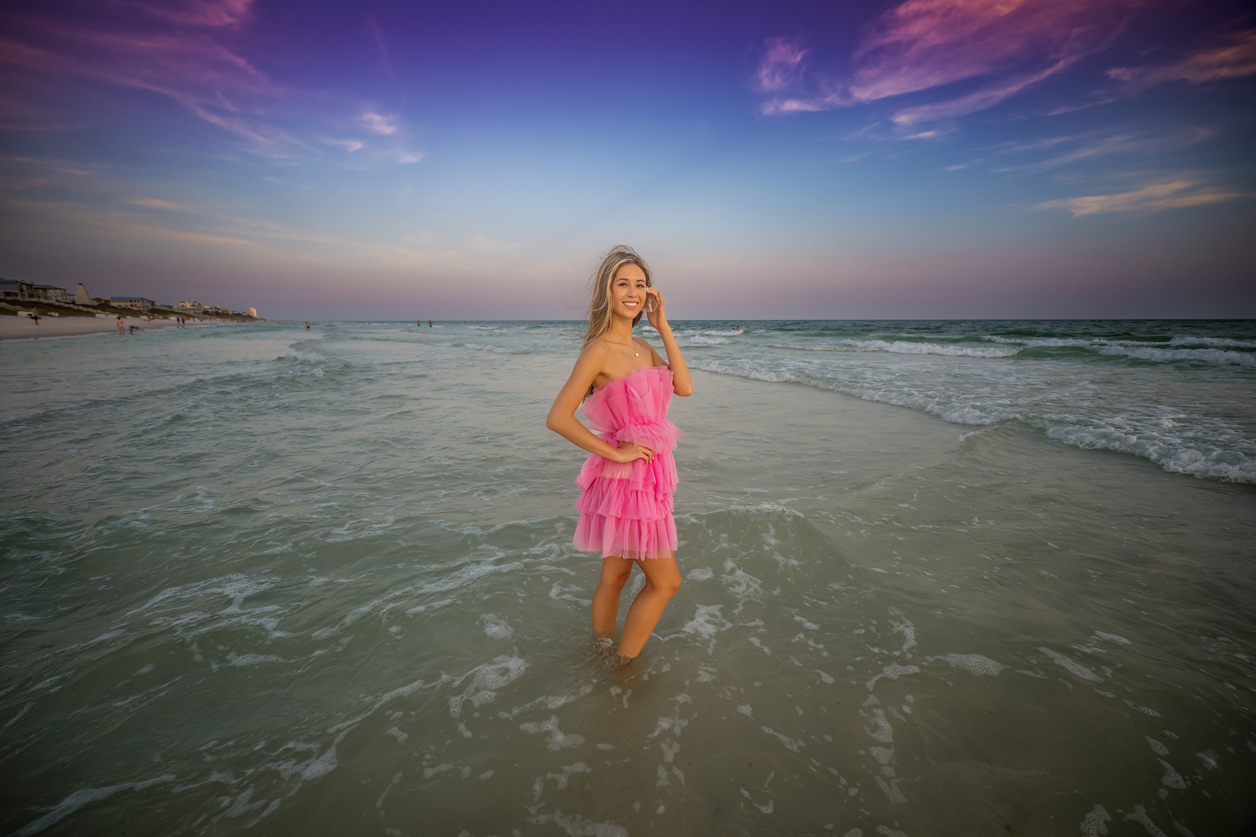 Senior Beach Portrait Pink Tulle Dress Before Edit — barefoot at sunset raw before edit vol1
