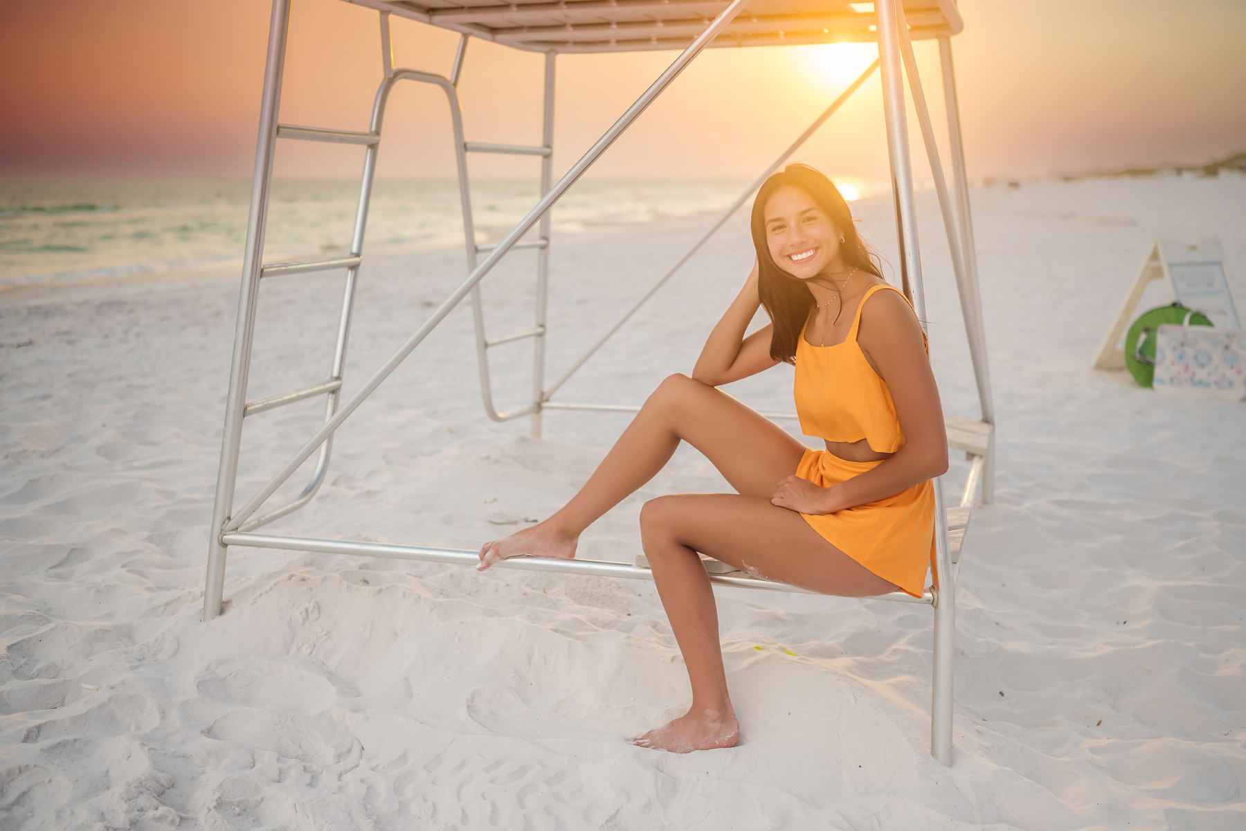 Senior Beach Portrait Pink Tulle Dress Before Edit — pink layers against violet sky raw before edit vol1