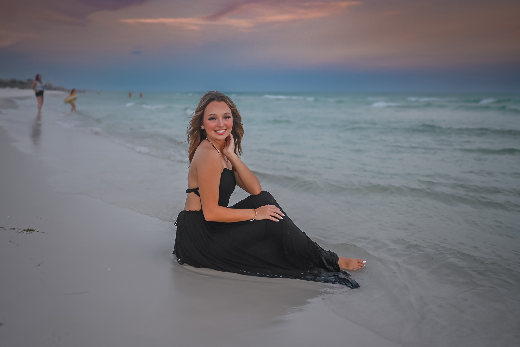 Senior Beach Portrait Pink Tulle Dress Before Edit — hand on cheek smile raw before edit vol1