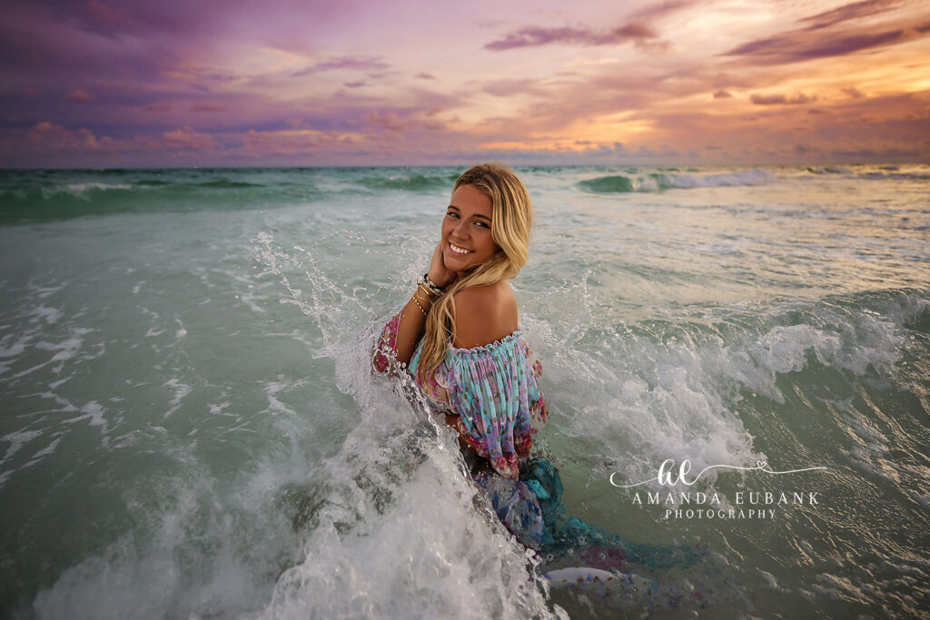 30A senior sunset photographer — Miss K captured on the sugar-white sand at Dune Allen Beach