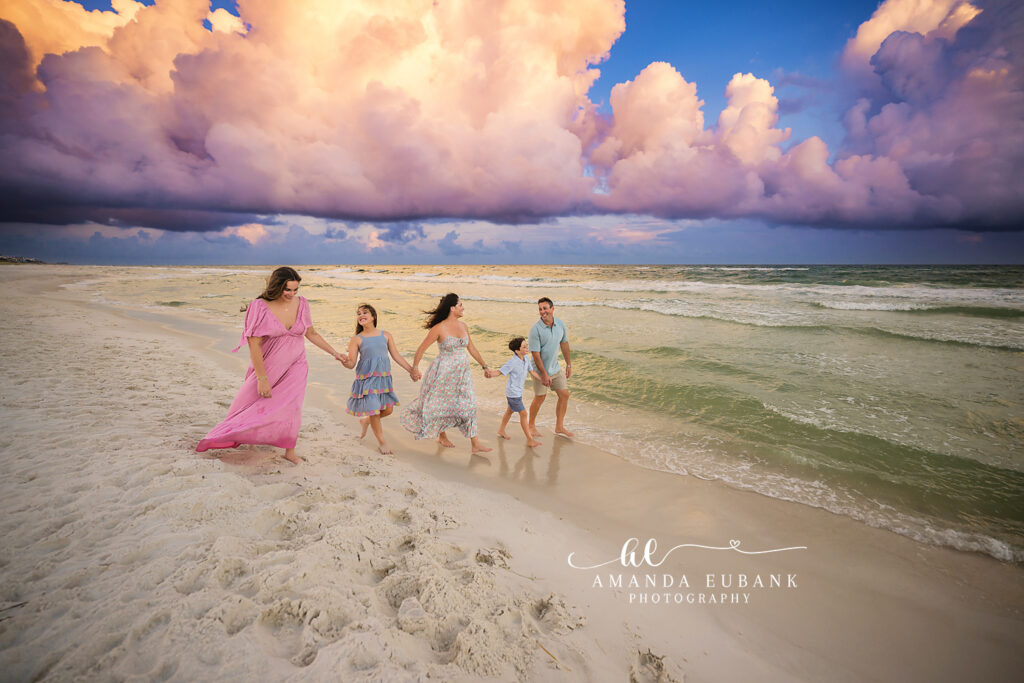 Watersound sunset family photographer — Patterson siblings smiling together on the beach path