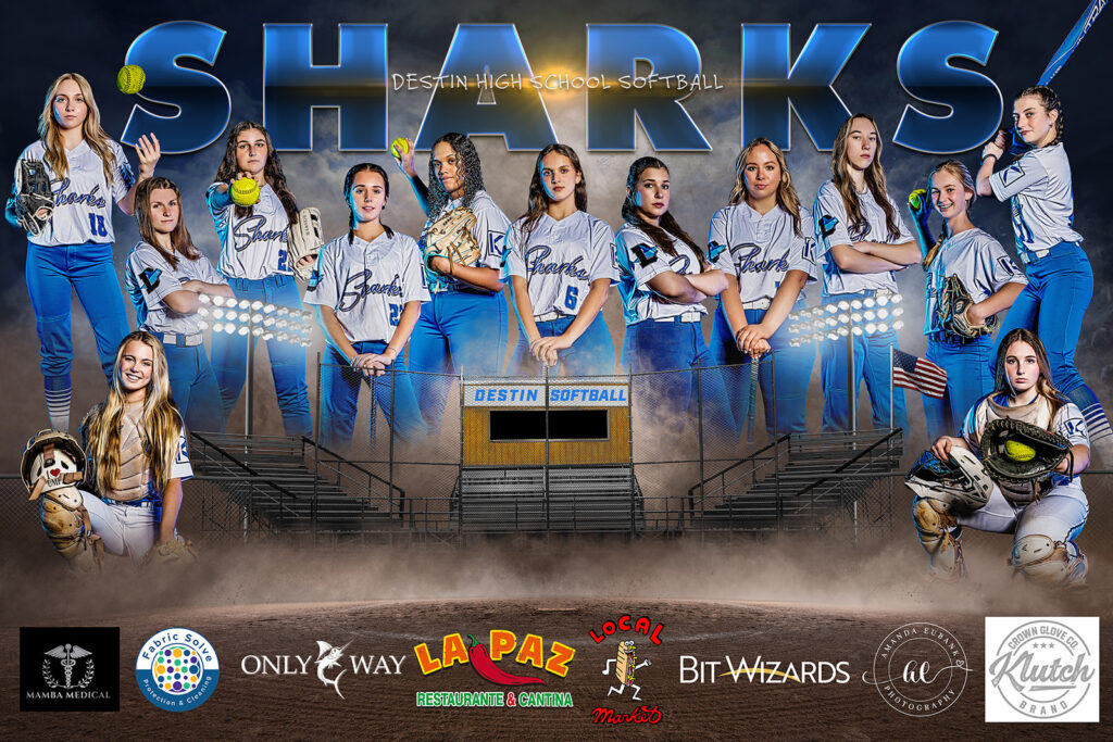 Destin High School Sharks Softball 2024 Poster Portrait — smoke curling around Sharks team poster vol1