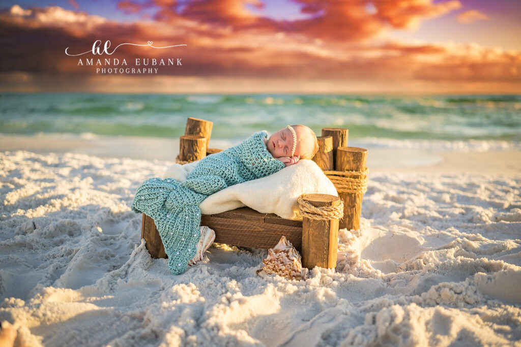 Destin Newborn Sunset Bowl Beach Portrait — posed inside a hand-carved wooden bowl