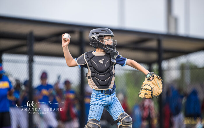Power Kilcrease 11U catcher in full gear cocks his arm back to fire a throw down to second base during a tournament game in Hoover, Alabama.