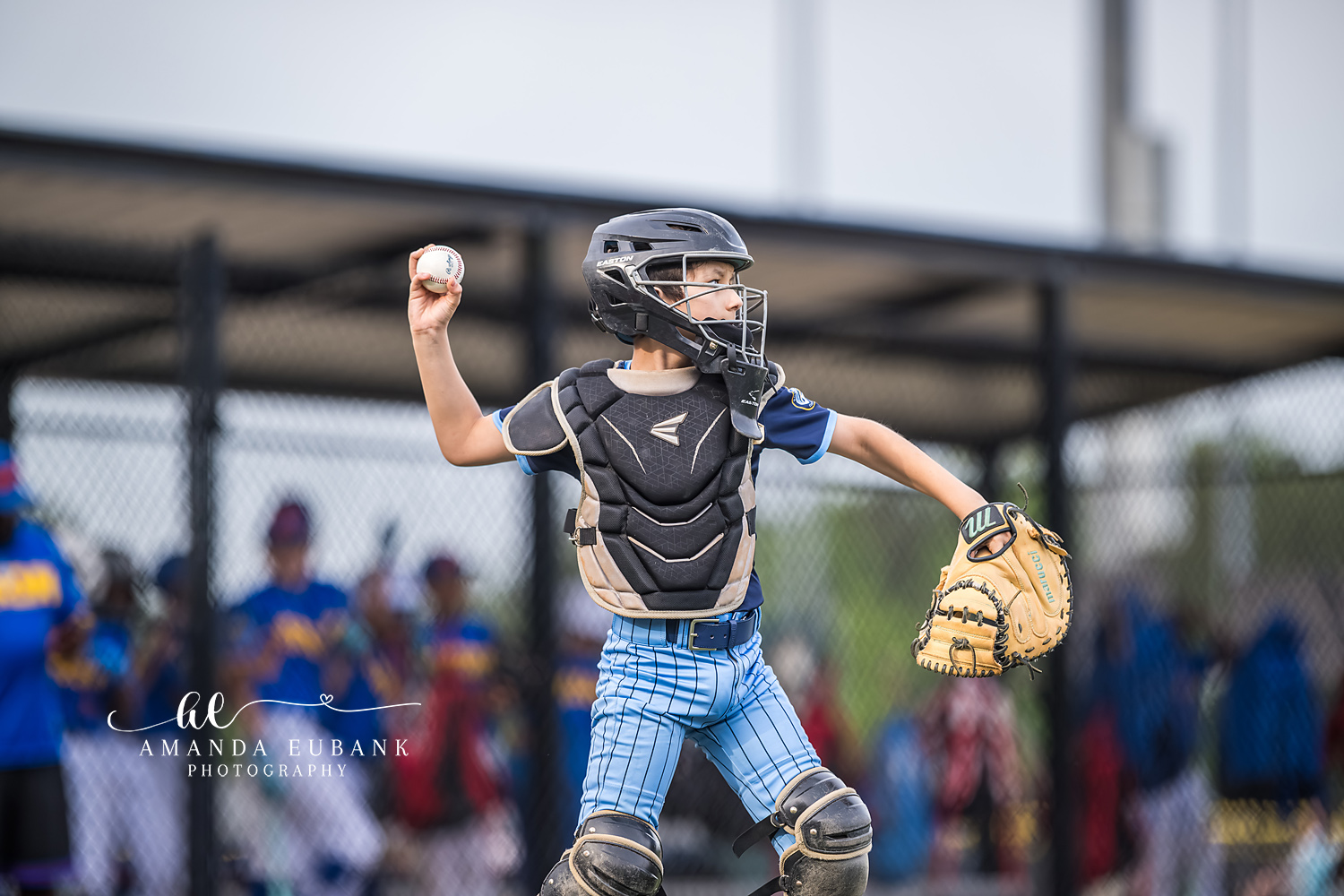 Power Kilcrease 11U catcher in full gear cocks his arm back to fire a throw down to second base during a tournament game in Hoover, Alabama.