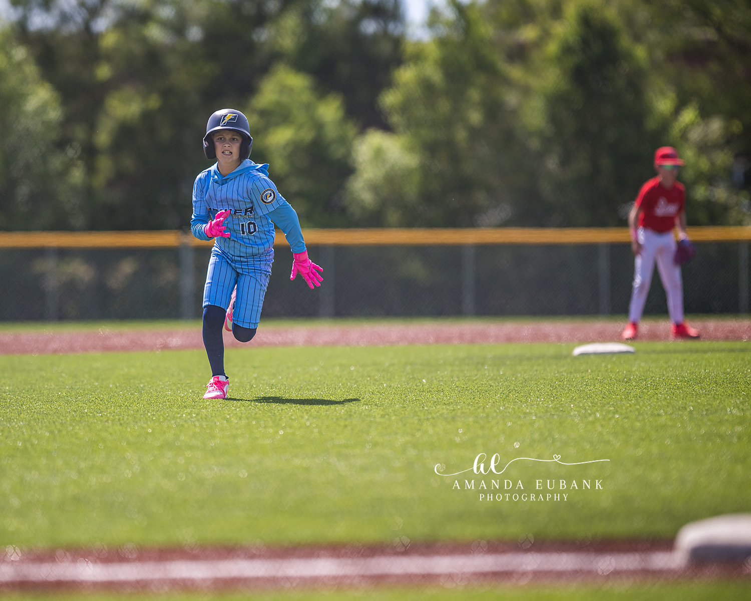 Kilcrease 11U Base Running Action | Power Baseball Gulf South Hoover AL Power Baseball Kilcrease 11U player number 10 sprinting between bases in bright blue uniform during a Hoover AL tournament game