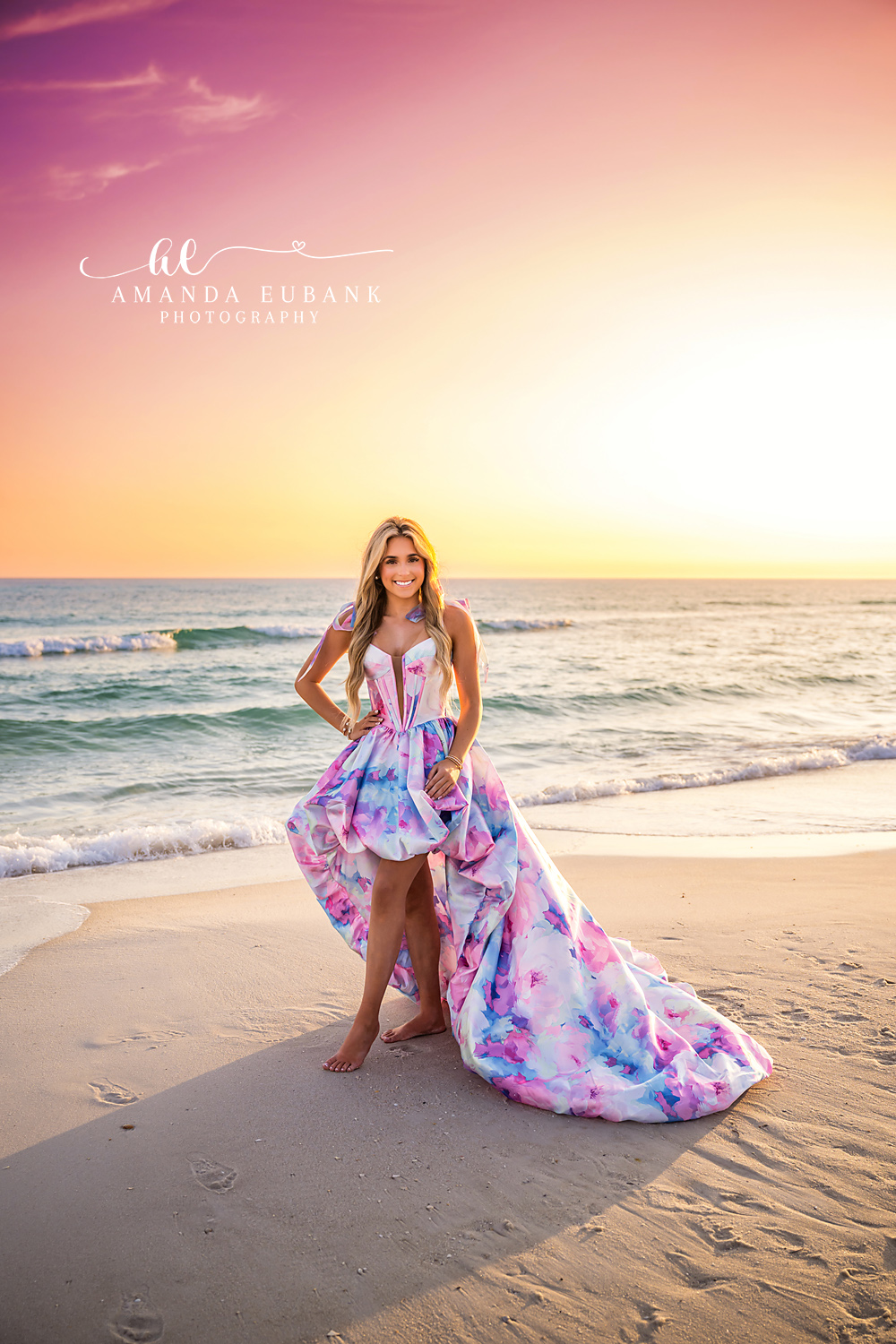 Pastel Sunset Senior Beach Walk | Senior Photographer in Alys Beach Senior walking the beach in a pastel watercolor gown at soft sunset, by Senior Photographer in Alys Beach Amanda Eubank.