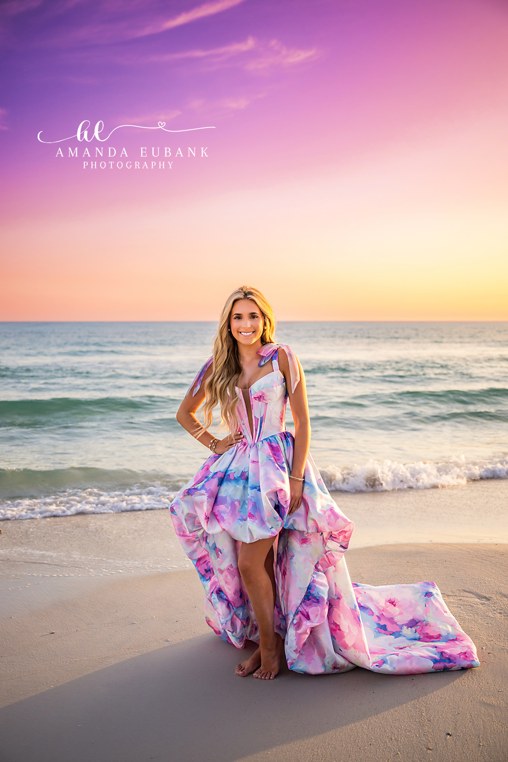 Lavender Sunset Senior Gown Session | Senior Photographer in Alys Beach Senior in a watercolor pastel gown at lavender sunset on the beach, photographed by Senior Photographer in Alys Beach Amanda Eubank.