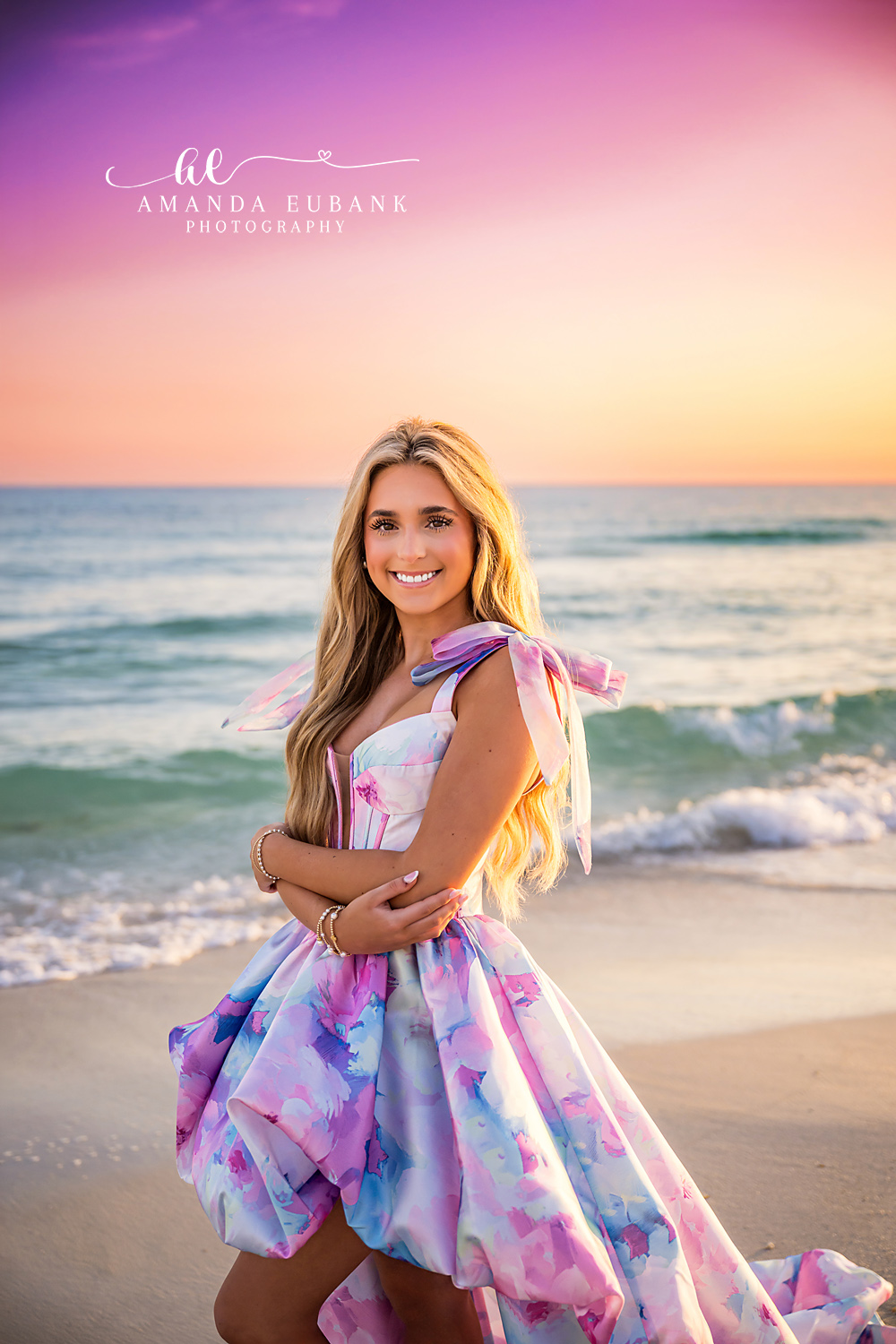 Smiling Beach Senior Close-Up | Alys Beach Photographer Close-up of a smiling senior at sunset on the beach in a pastel watercolor dress, by Alys Beach Photographer Amanda Eubank.