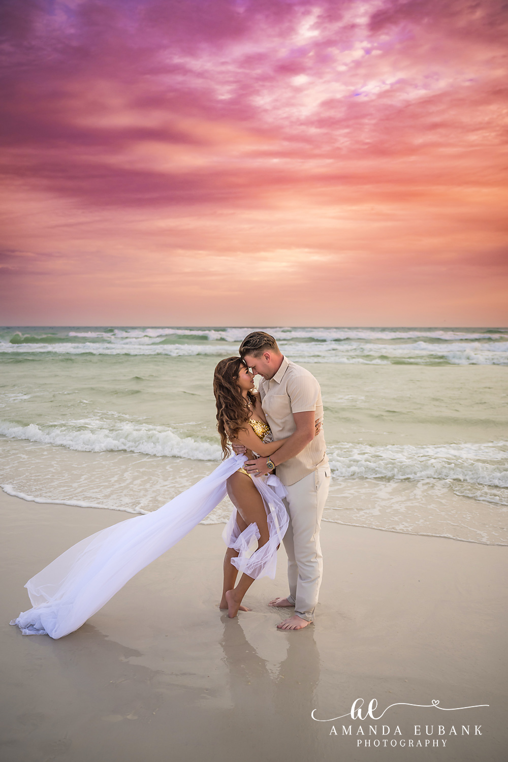 30A Beach Photographer – Sunset Dip and Kiss at Dune Allen Beach Couple forehead to forehead on the shoreline during a Dune Allen Beach sunset session