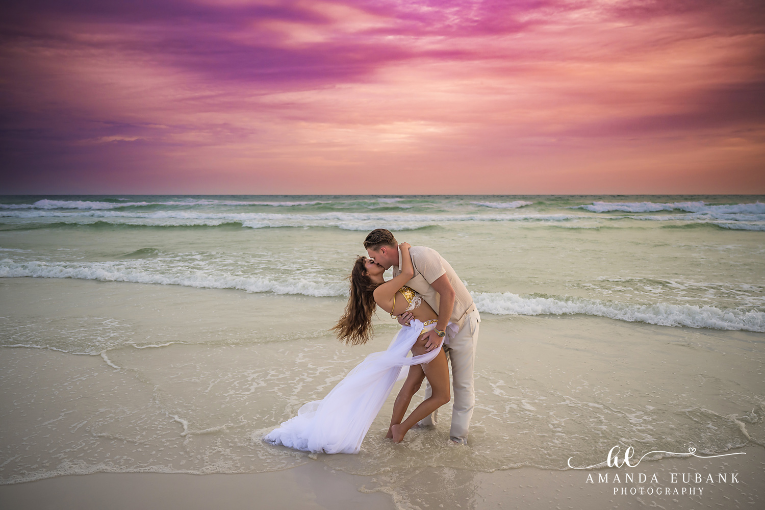 30A Anniversary Photos – Wide Sunset Frame at Dune Allen Beach Sunset couples portrait on the wet sand at Dune Allen Beach on Scenic Highway 30A