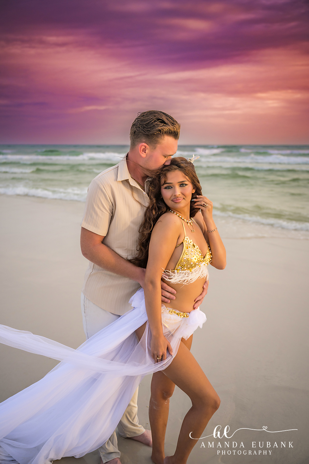 30A Couples Beach Photos in Gold and White at Sunset Close portrait of a couple at the Dune Allen shoreline in gold and cream at sunset