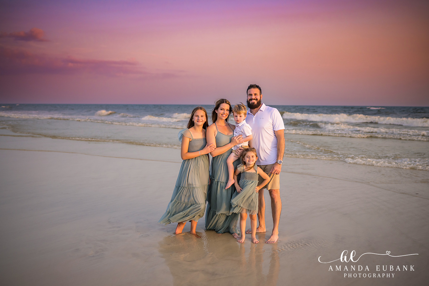 Carillon Beach Photographer – Family of Five Beach Portrait Family of five posing together on the beach in Carillon Beach, Florida
