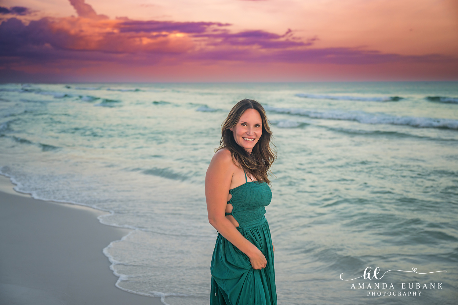 Destin Family Photographer – Smiling Close-Up in Teal Woman smiling in a close-up portrait wearing a teal dress in Destin, Florida
