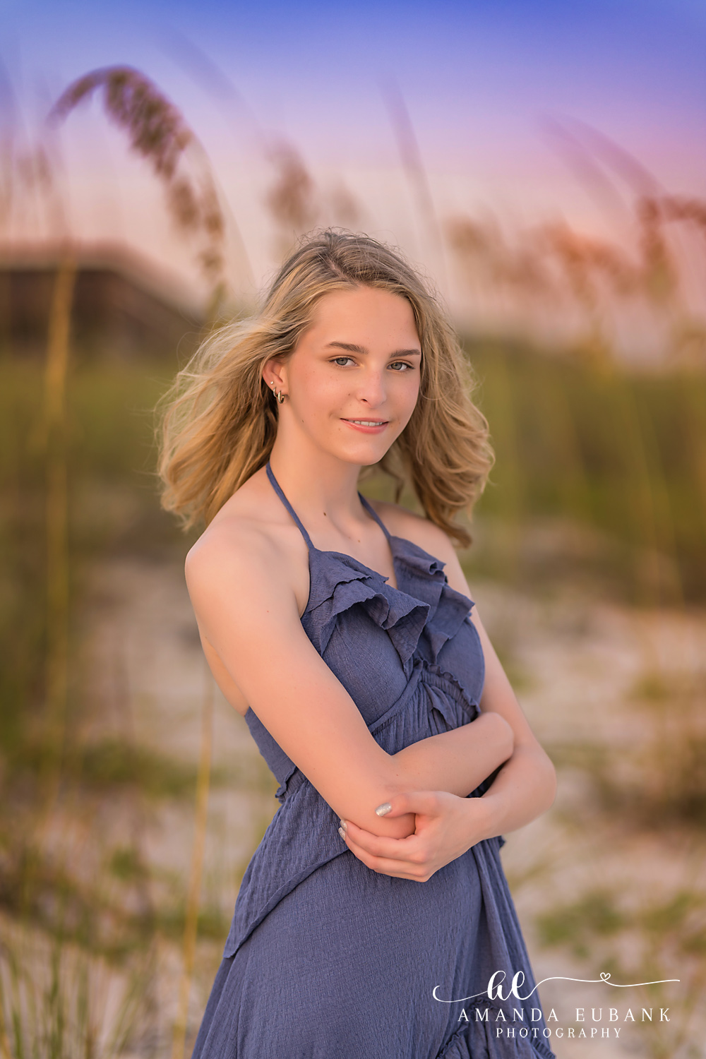 Rosemary Beach Senior Photographer – Close-Up Portrait in Navy Close-up portrait of a senior in a navy top smiling in Rosemary Beach, Florida