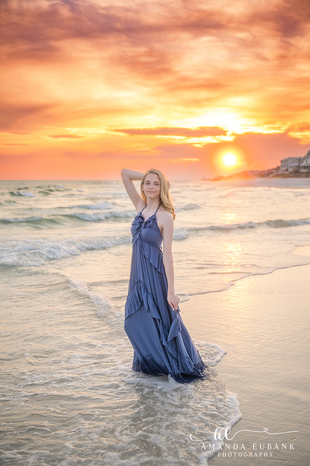Rosemary Beach Senior Photographer – Navy Dress at Golden Hour Senior girl in a navy dress standing in the ocean at golden hour in Rosemary Beach, Florida