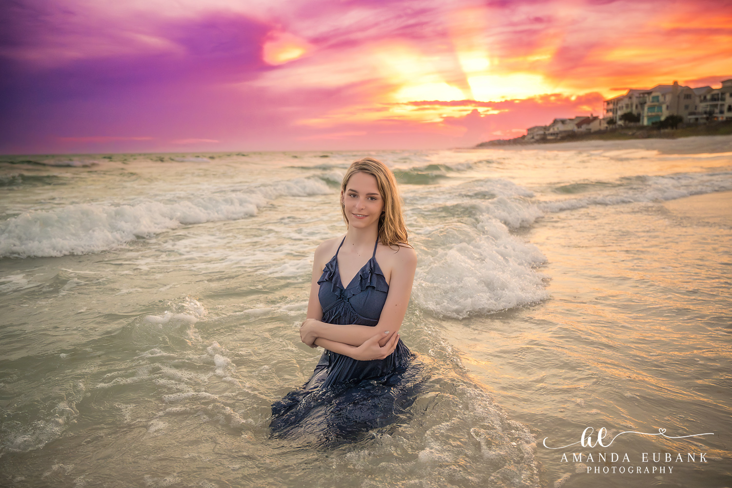 Rosemary Beach Senior Photographer – Standing in the Gulf Waves Senior girl in a navy dress standing in the ocean waves in Rosemary Beach, Florida