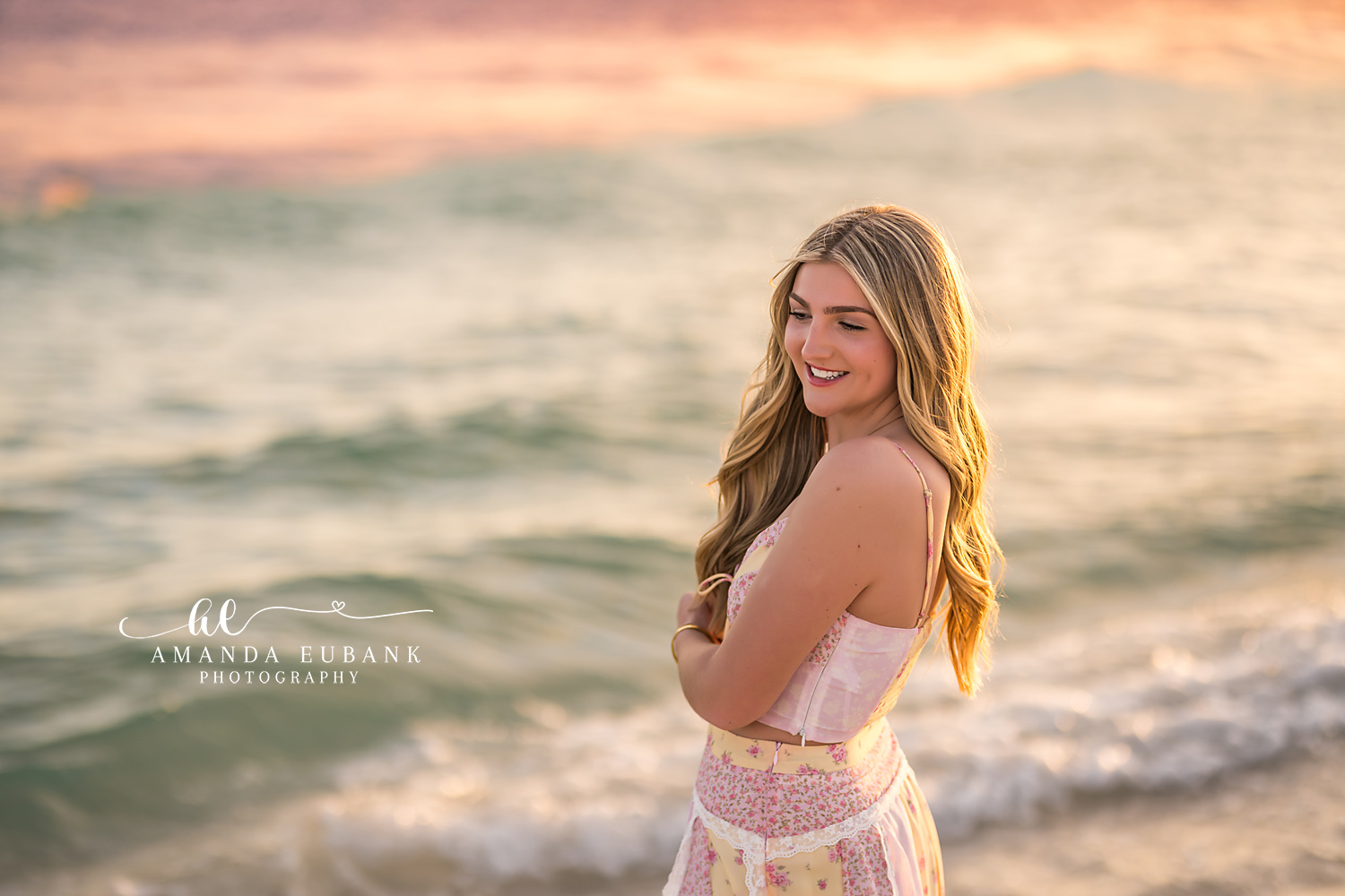Santa Rosa Beach Senior Session – Close-Up Sunset Portrait Close-up portrait of a high school senior in a blush lace gown lit by warm sunset light at Santa Rosa Beach