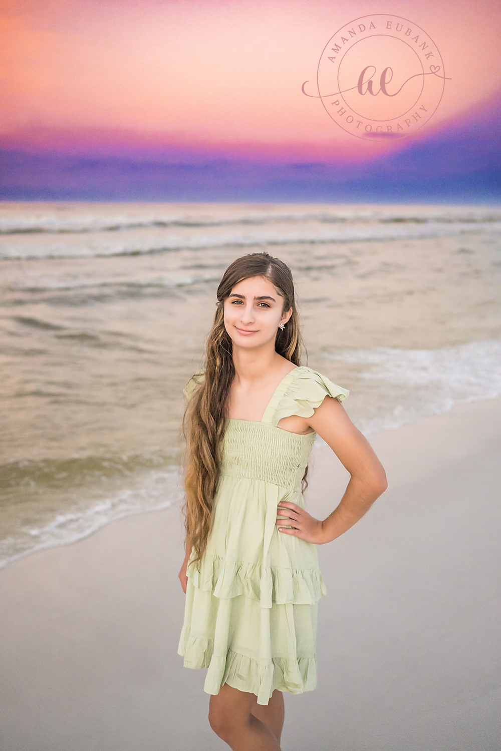Miramar Beach Sunrise Family Photos | Teen girl in a green dress A teen girl in a green dress on the beach in Miramar Beach, Florida at sunrise, photographed by Miramar Beach family photographer Amanda Eubank