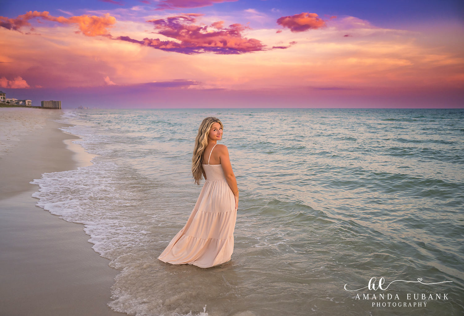 Rosemary Beach Family Photos | Mom in a flowing dress standing in the surf Mom in a flowing dress standing in the surf on the beach in Rosemary Beach, Florida at sunset, photographed by Rosemary Beach family photographer Amanda Eubank